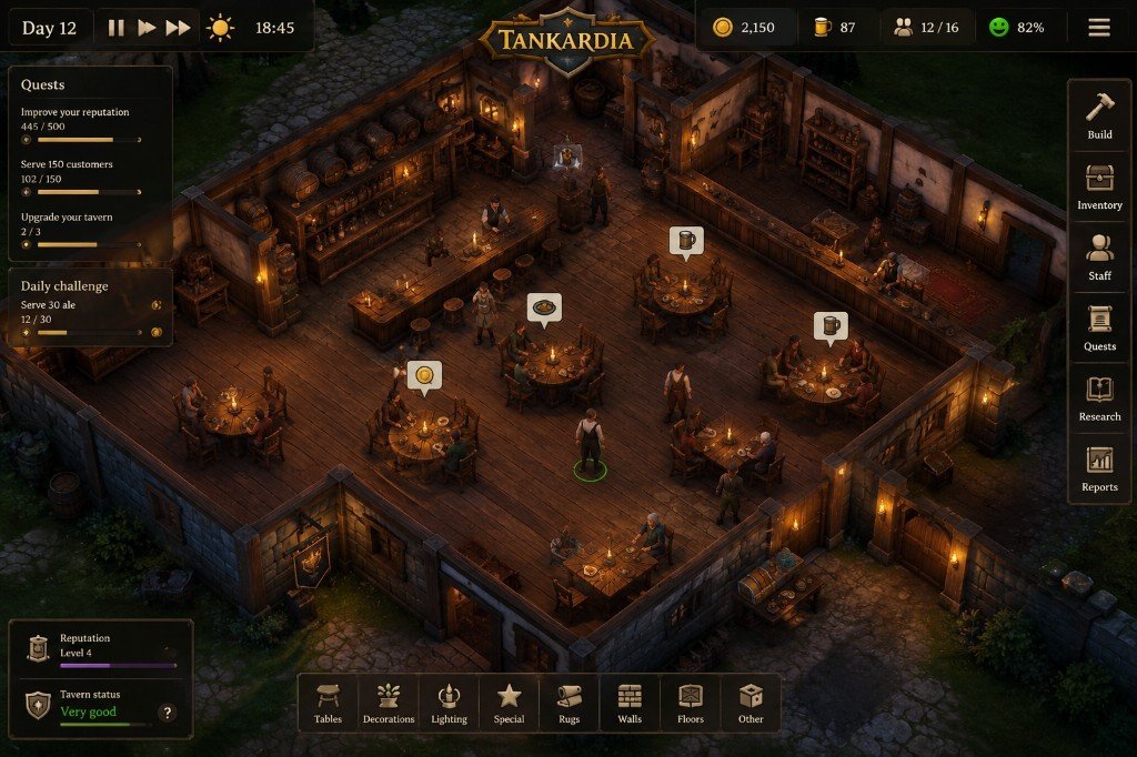 Tankardia: Silent Conquest taverna yönetimi oyun ekranı